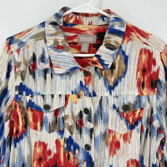 Chicos Jacket LARGE Multicolor Ikat Print Button Front Linen Blend Boho 22x24 - Picture 2 of 9